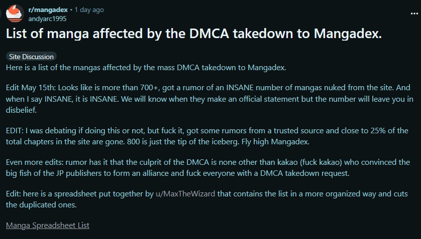 r/mangadex • 1 day ago andyarc1995 List of manga affected by the DMCA takedown to Mangadex. Site Discussion Here is a list of the mangas affected by the mass DMCA takedown to Mangadex. Edit May 15th: Looks like is more than 700+, got a rumor of an INSANE number of mangas nuked from the site. And when I say INSANE, it is INSANE. We will know when they make an official statement but the number will leave you in disbelief. EDIT: I was debating if doing this or not, but f--- it, got some rumors from a trusted source and close to 25% of the total chapters in the site are gone. 800 is just the tip of the iceberg. Fly high Mangadex. Even more edits: rumor has it that the culprit of the DMCA is none other than kakao (f--- kakao) who convinced the big fish of the JP publishers to form an alliance and f--- everyone with a DMCA takedown request. Edit: here is a spreadsheet put together by u/MaxTheWizard that contains the list in a more organized way and cuts the duplicated ones. Manga Spreadsheet List 8
