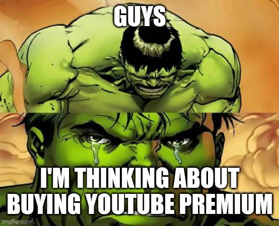 GUYS I'M THINKING ABOUT BUYING YOUTUBE PREMIUM imgflip.com