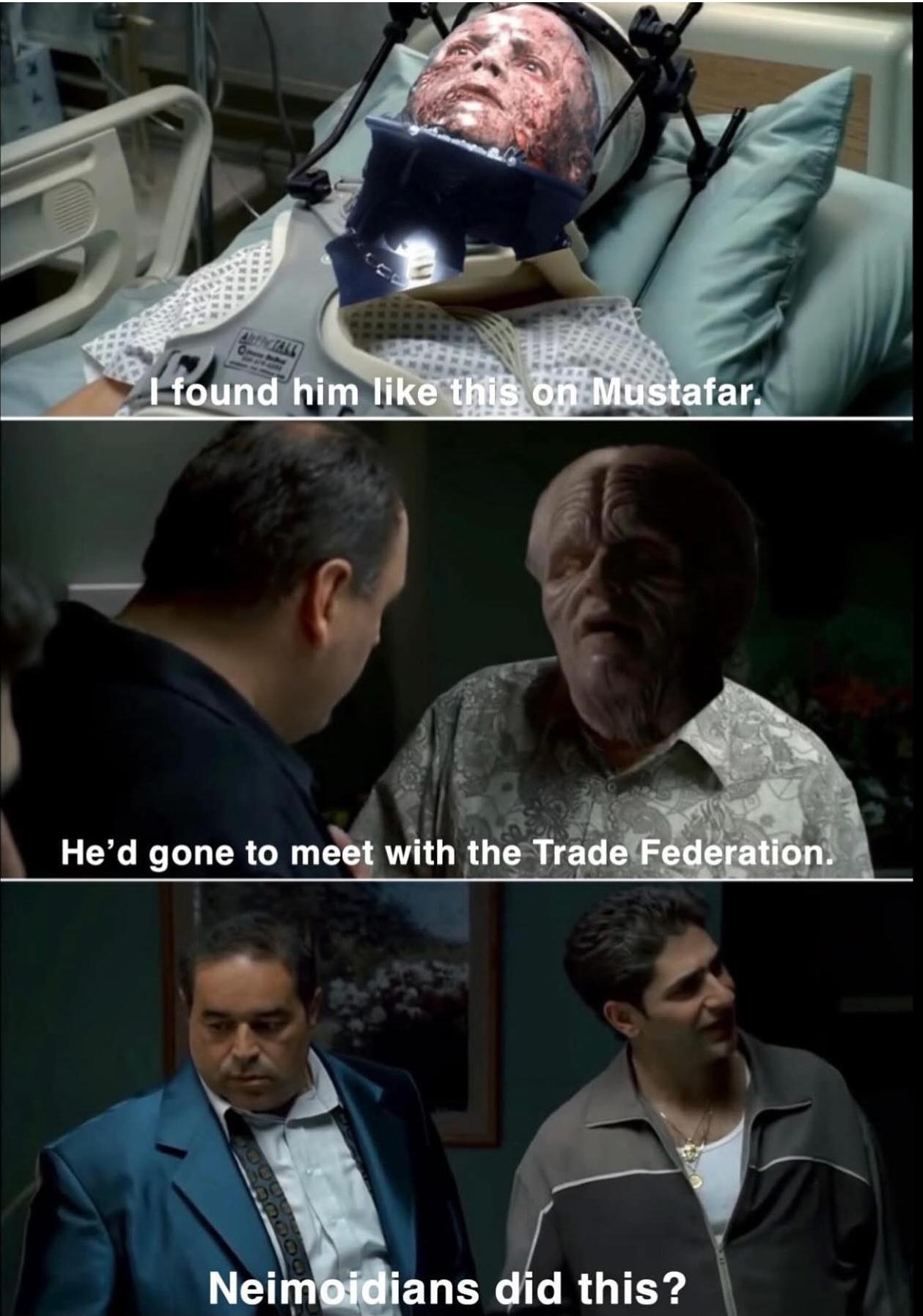 I found him like this on Mustafar. He'd gone to meet with the Trade Federation. Neimoidians did this?
