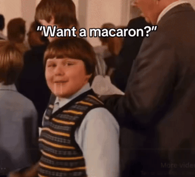 A "meme":https://knowyourmeme.com/memes/memes about the Want a Macaron? trend, using the "Rowley Waves Then Looks Down":https://knowyourmeme.com/memes/rowley-waves-then-looks-down "GIF":https://knowyourmeme.com/memes/cultures/gif.