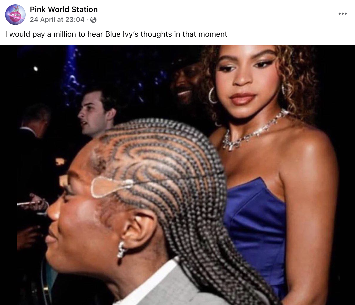PINK WORLD STATION Pink World Station . 24 April at 23:04 → I would pay a million to hear Blue Ivy's thoughts in that moment •••