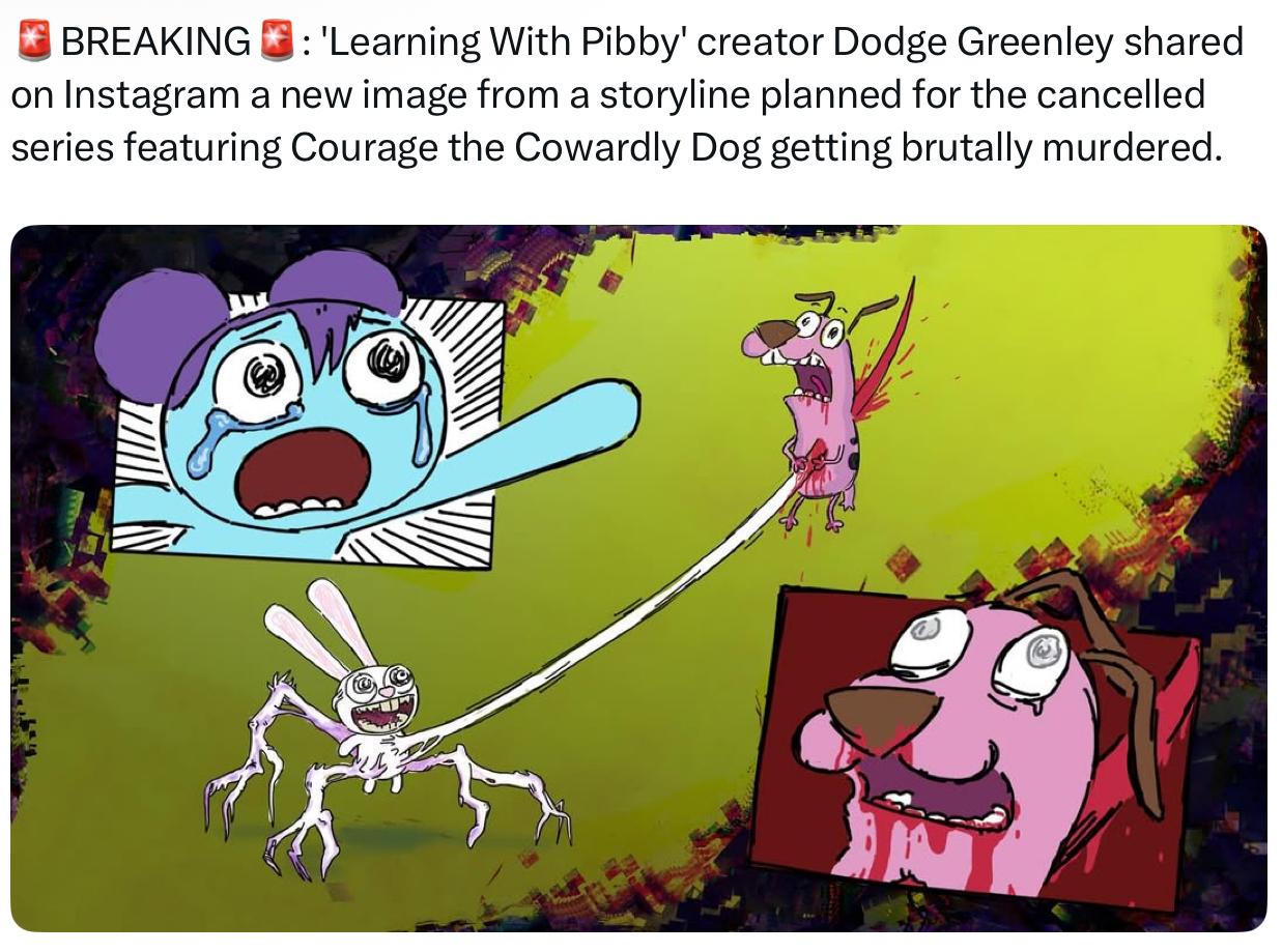 BREAKING: 'Learning With Pibby' creator Dodge Greenley shared on Instagram a new image from a storyline planned for the cancelled series featuring Courage the Cowardly Dog getting brutally murdered.
