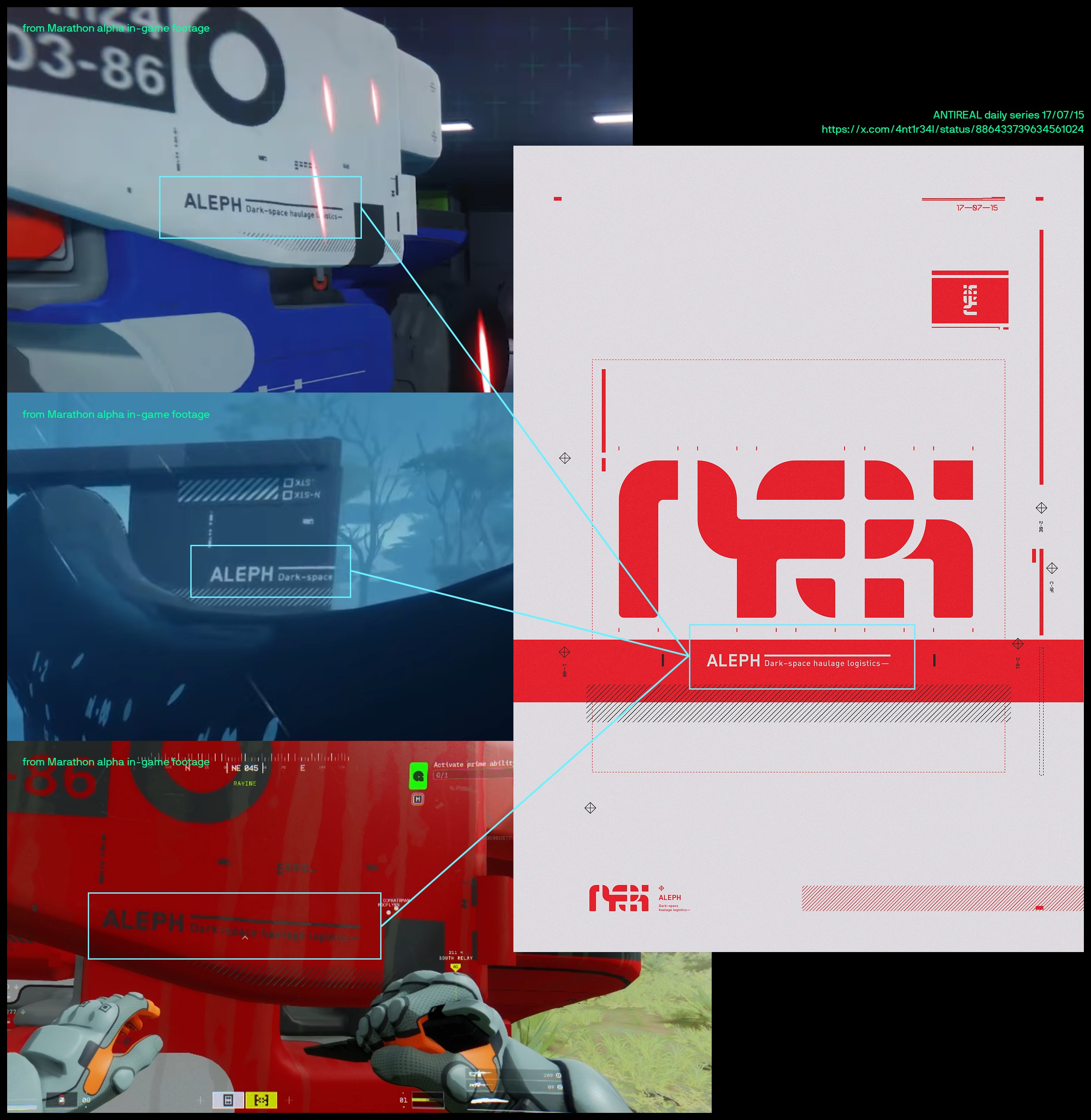 A graphic illustrating the similarities between the environmental artwork in Bungie's _Marathon_ and artist Antireal's artwork.