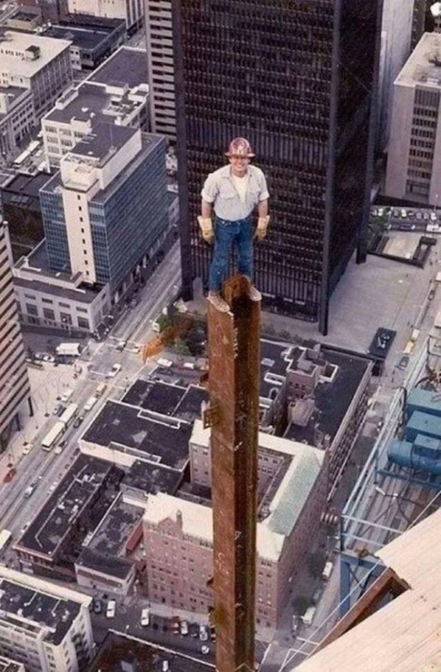 An ironworker during the construction of the Columbia Tower, Seattle, 1984