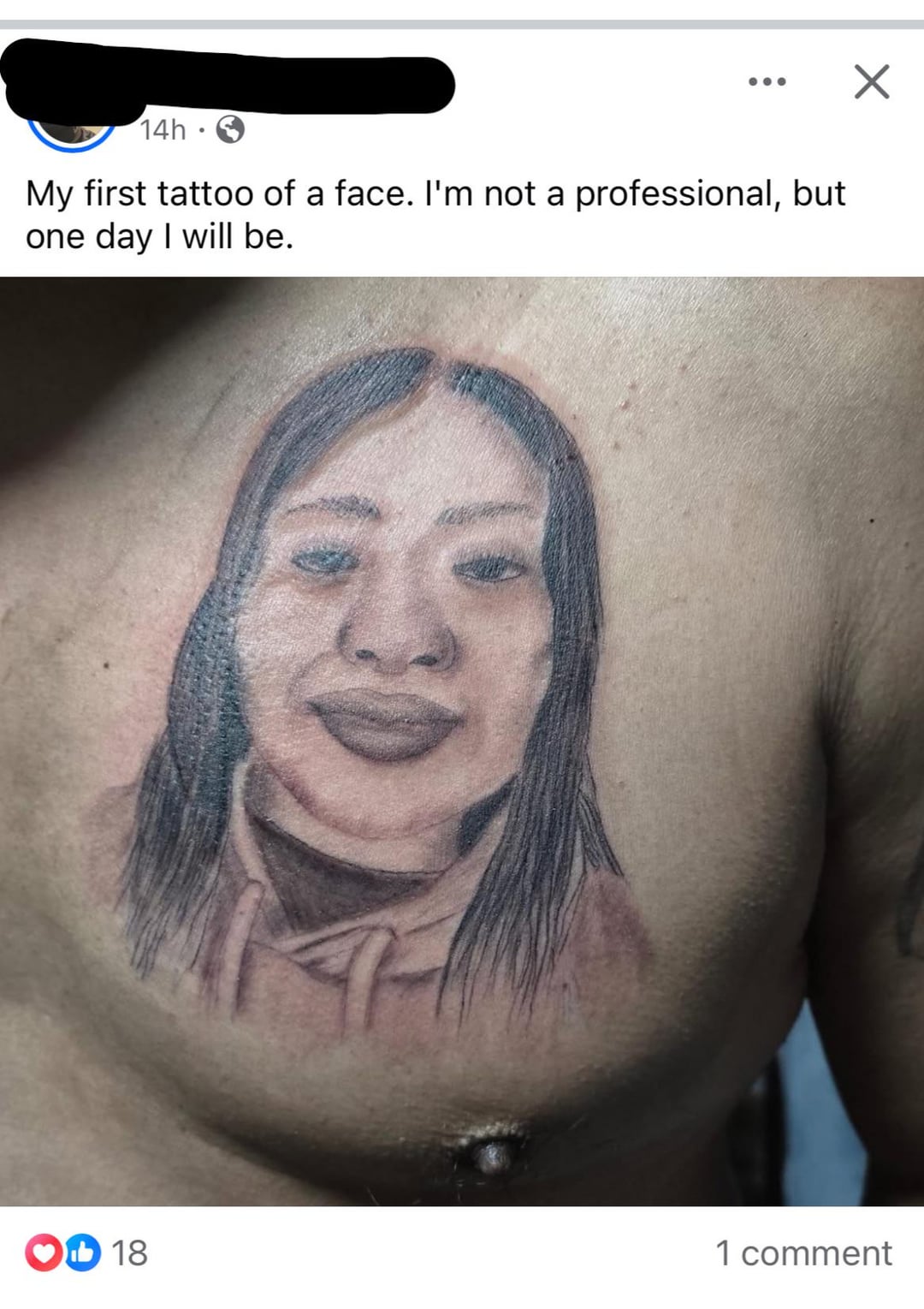14h My first tattoo of a face. I'm not a professional, but one day I will be. OD 18 1 comment