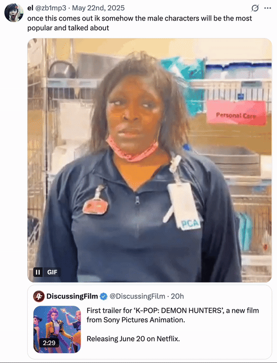 X user @zb1mp3 tweeted a picture of the "Shrugging Nurse GIF":https://knowyourmeme.com/memes/12-hours-after-my-shift-shrugging-nurse-gif alongside a caption that read, "once this comes out ik somehow the male characters will be the most popular and talked about."