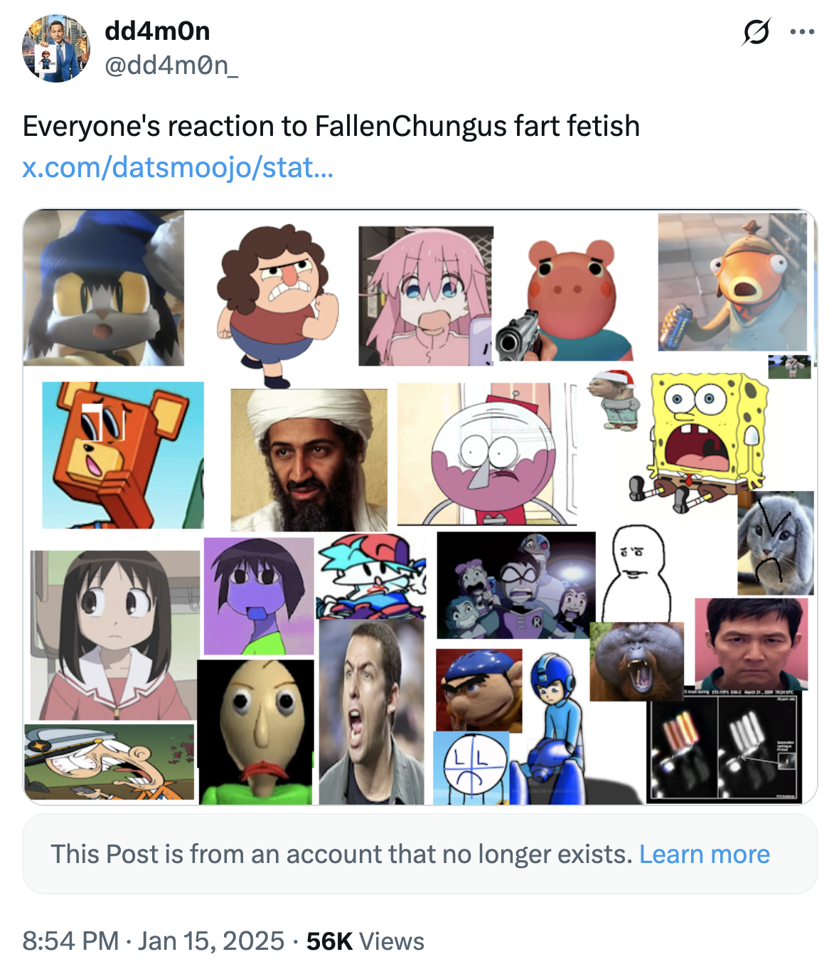 A "tweet":https://knowyourmeme.com/memes/sites/twitter-x joking about "Fallenchungus":https://knowyourmeme.com/memes/people/fallenchungus admitting to having a fart "fetish":https://knowyourmeme.com/memes/subcultures/internet-paraphilias.