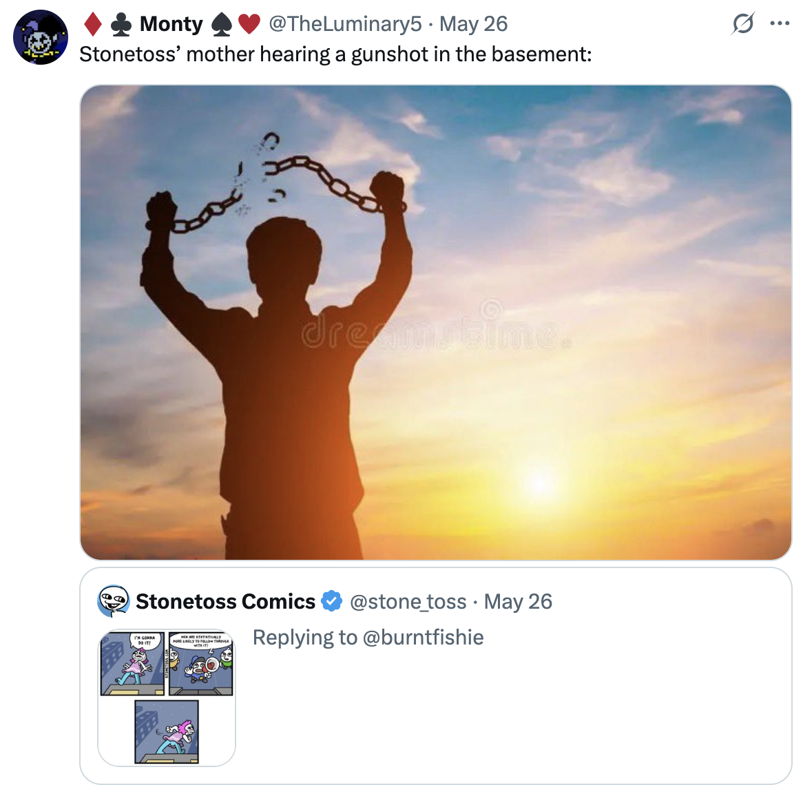 An outraged "quote-tweet":https://knowyourmeme.com/memes/quote-retweets-qrts to the controversial "StoneToss":https://knowyourmeme.com/memes/subcultures/stonetoss comic aimed at the suicide of trans "Twitter / X":https://knowyourmeme.com/memes/sites/twitter-x user @burntfishie (Charlotte Fosgate).