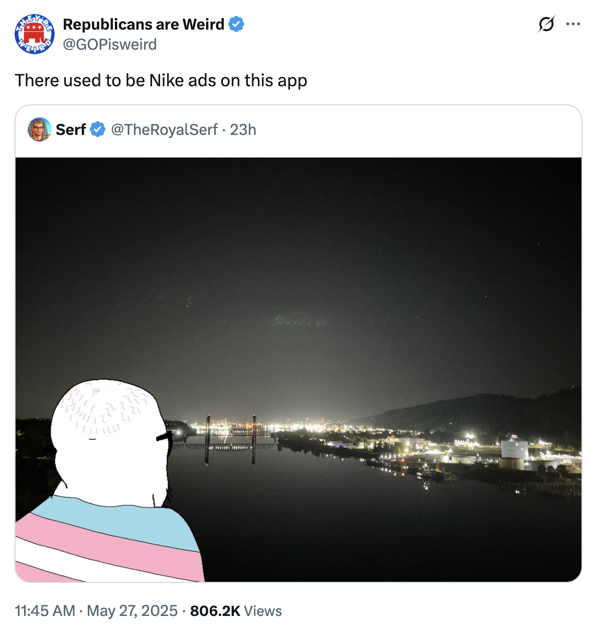 An outraged "quote-tweet":https://knowyourmeme.com/memes/quote-retweets-qrts reacting to a transphobic "meme":https://knowyourmeme.com/memes/memes shared a "Twitter / X":https://knowyourmeme.com/memes/sites/twitter-x user, showing the "Trans Soyjak":https://knowyourmeme.com/memes/hanging-soyjak-ack looking over the bridge.