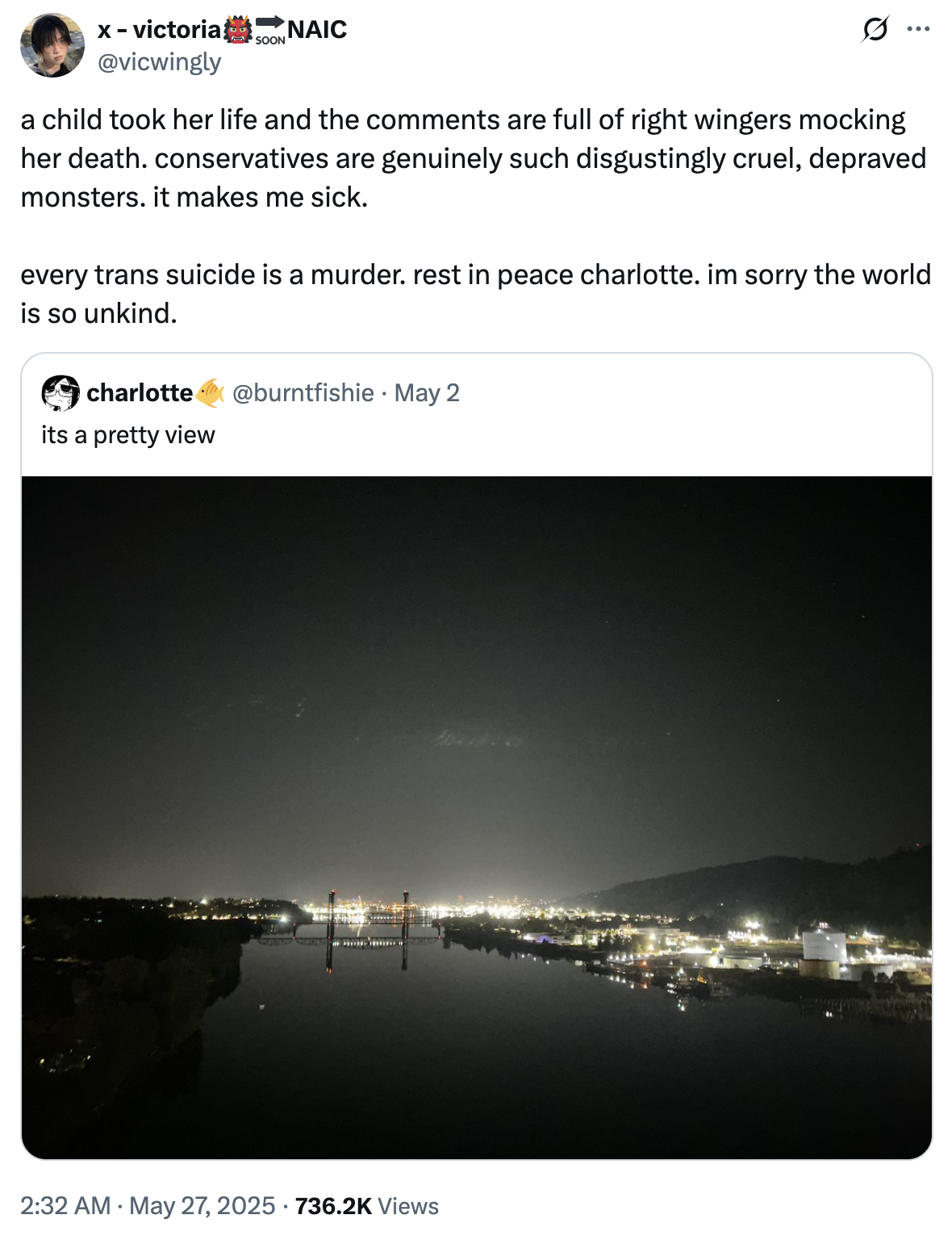 A "quote-tweet":https://knowyourmeme.com/memes/quote-retweets-qrts expressing outrage against right-wingers and conservatives for making transphobic jokes to the suicide of Charlotte Fosgate.