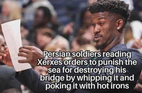 Persian soldiers reading Xerxes orders to punish the sea for destroying his bridge by whipping it and poking it with hot irons