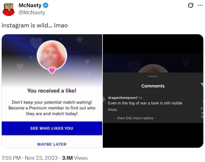 A post by Twitter user @McNasty. The post shares a like notification from a dating app with a blurry faced person. It also leaves a comment regarding the post reading, "even in the fog of war a tank is still visible."