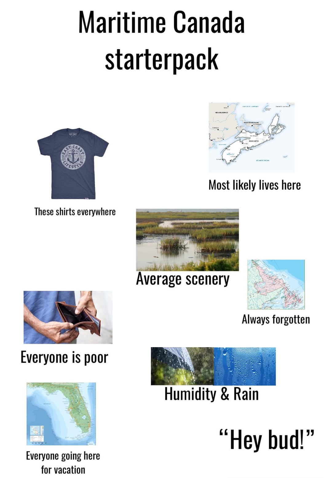 CAST Maritime Canada starterpack DAST NEW BRUNSWICK These shirts everywhere Most likely lives here Average scenery Always forgotten Everyone is poor Humidity & Rain Everyone going here for vacation "Hey bud!"