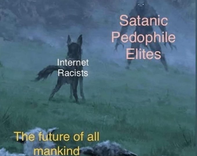 A version of the dog vs. werewolf meme. The meme is about internet racists defending the future of humanity from satanic elites.