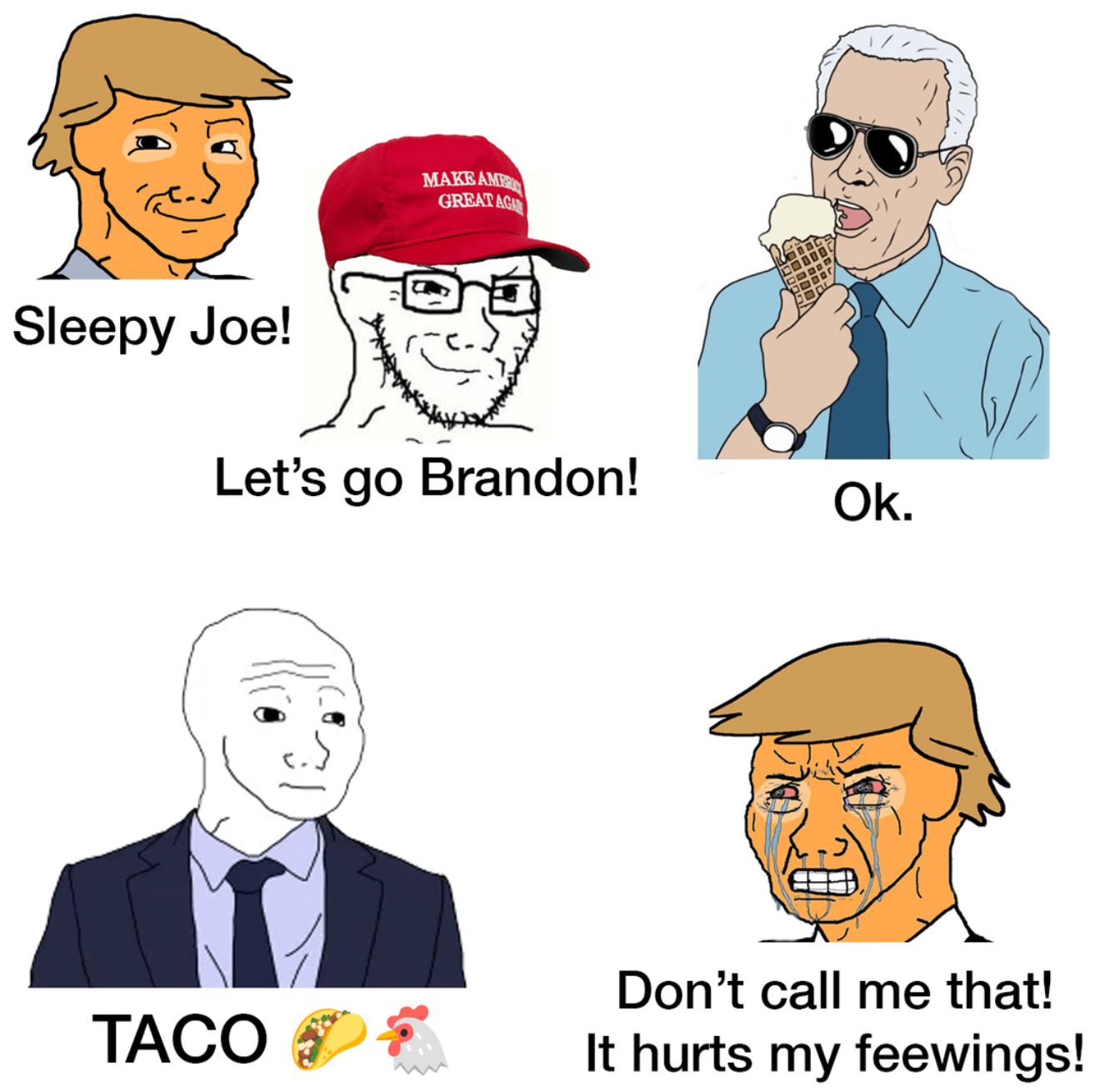 MAKE AMER GREAT AGA Sleepy Joe! Let's go Brandon! Ok. Don't call me that! TACO * It hurts my feewings!