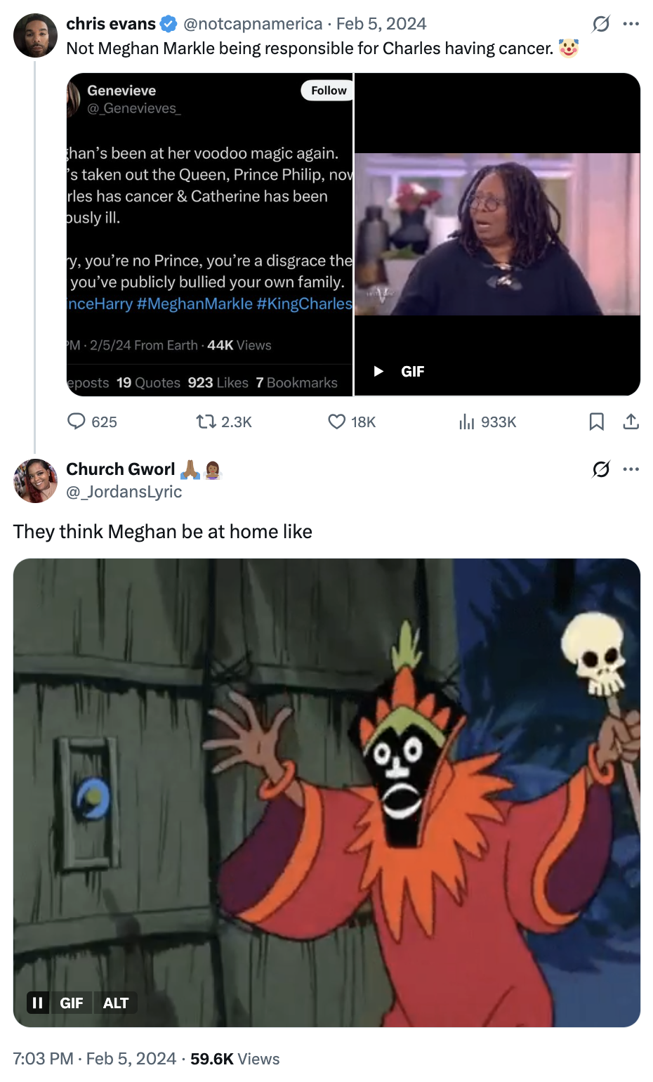 X user @_JordansLyric tweeted the GIF of the witch doctor from Scooby-Doo to joke about Meghan Markle's critics implying that she somehow gave King Charles cancer.