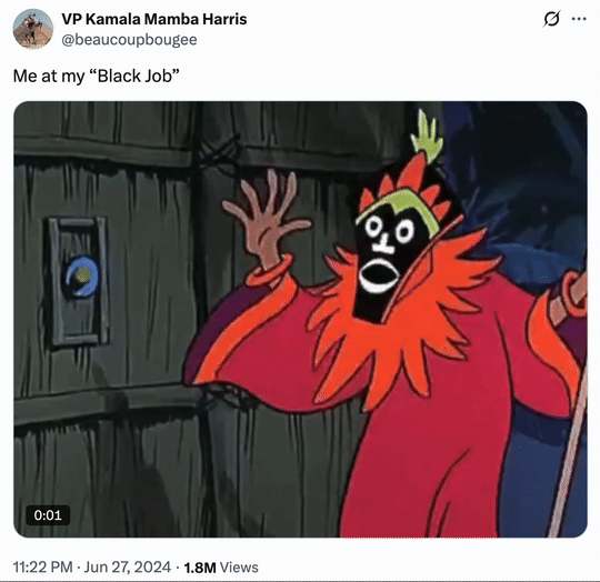 X user @beaucoupbougee tweeted a GIF of the witch doctor from _Scooby-Doo, Where Are You!_ alongside a tweet that read, "Me at my 'Black Job'."
