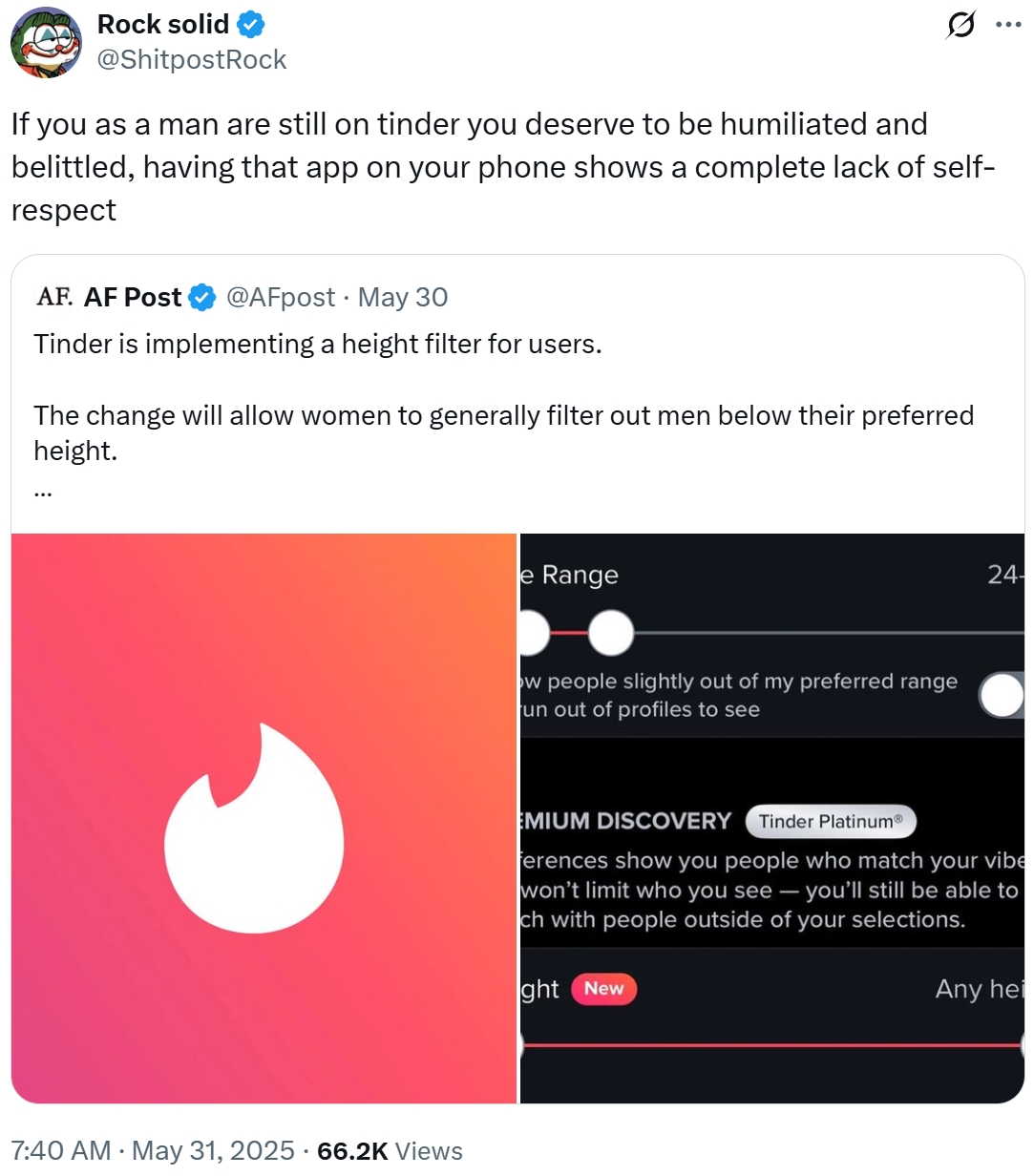 Rock solid @ShitpostRock If you as a man are still on tinder you deserve to be humiliated and belittled, having that app on your phone shows a complete lack of self- respect AF. AF Post @AFpost May 30 Tinder is implementing a height filter for users. The change will allow women to generally filter out men below their preferred height. 7:40 AM ⚫ May 31, 2025 66.2K Views e Range ow people slightly out of my preferred range un out of profiles to see 24- EMIUM DISCOVERY Tinder PlatinumⓇ ferences show you people who match your vibe won't limit who you see - you'll still be able to ch with people outside of your selections. ght New Any hei