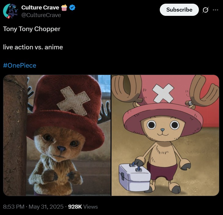 Culture Crave @CultureCrave Tony Tony Chopper live action vs. anime #OnePiece . 8:53 PM - May 31, 2025 928K Views Subscribe