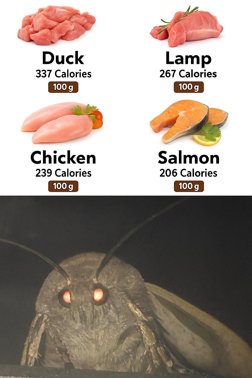 Duck 337 Calories 100 g Lamp 267 Calories 100 g Chicken 239 Calories 100 g Salmon 206 Calories 100 g
