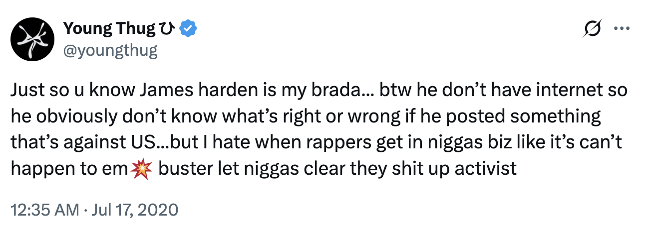 The original "tweet":https://knowyourmeme.com/memes/sites/twitter-x shared by "rapper":https://knowyourmeme.com/memes/cultures/rap-hip-hop "Young Thug":https://knowyourmeme.com/memes/people/young-thug who excused "NBA":https://knowyourmeme.com/memes/cultures/basketball player James Harden for wearing a ""Blue Lives Matter":https://knowyourmeme.com/memes/blue-lives-matter" "Punisher Skull":https://knowyourmeme.com/memes/punisher-skull mask, saying, "He don't got internet."