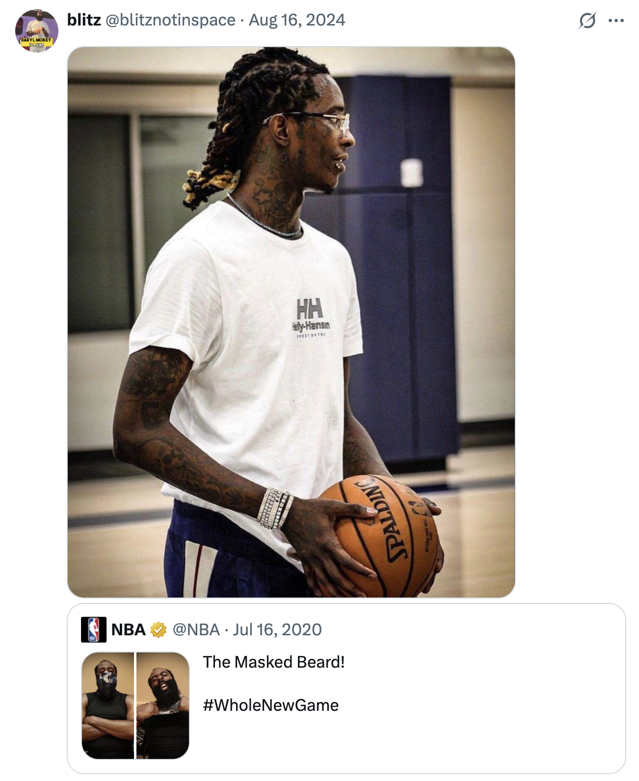 A "quote-tweet":https://knowyourmeme.com/memes/quote-retweets-qrts of the original He Don't Got Internet tweet, attaching the photo of "rapper":https://knowyourmeme.com/memes/cultures/rap-hip-hop Young Thug.