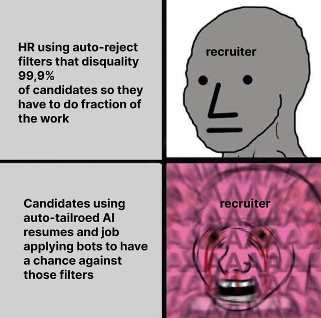 HR using auto-reject filters that disquality 99,9% of candidates so they have to do fraction of the work recruiter Candidates using auto-tailroed Al resumes and job applying bots to have a chance against those filters recruiter A KANA