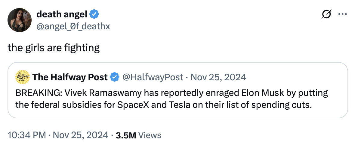 X user @angel_0f_deathx joked about Elon Musk and Vivek Ramaswamy having a falling out, writing, "the girls are fighting" in response to a tweet that read, "BREAKING: Vivek Ramaswamy has reportedly enraged Elon Musk by putting the federal subsidies for SpaceX and Tesla on their list of spending cuts."