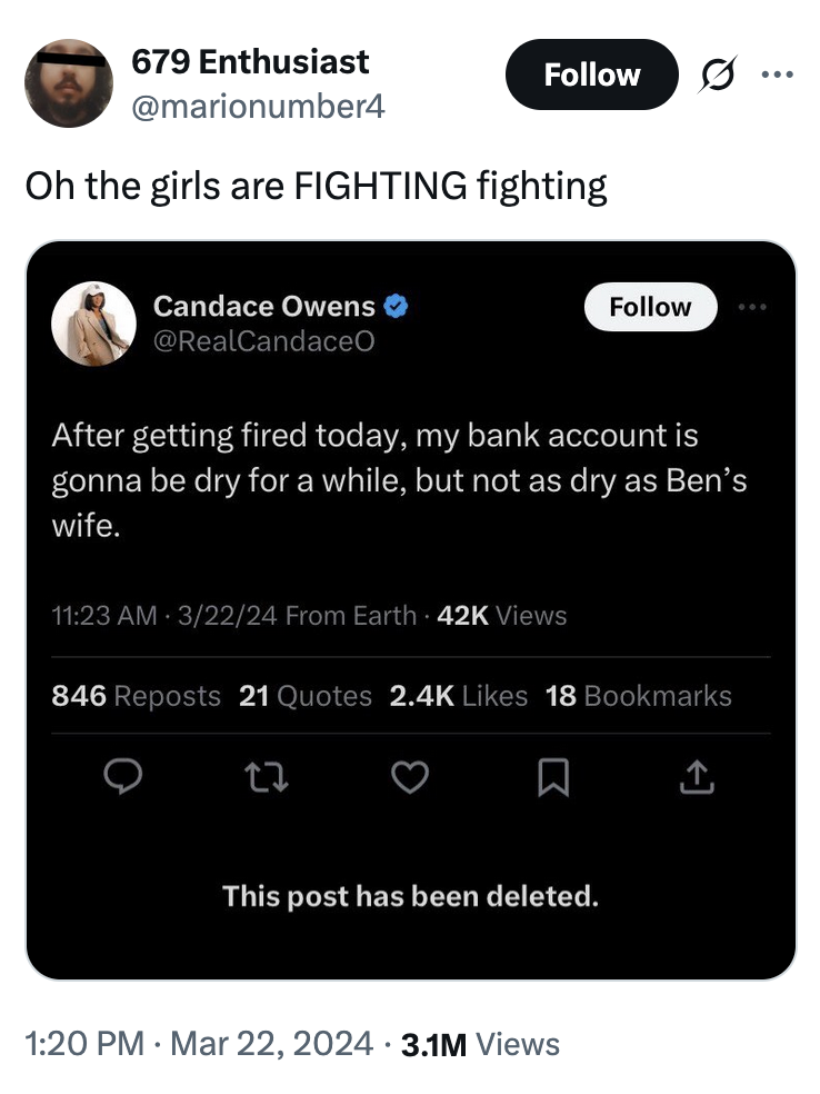 X user @marionumber4 tweeted the phrase "the girls are fighting" to react to a deleted Candace Owens tweet, gathering over 10,000 likes in a year.