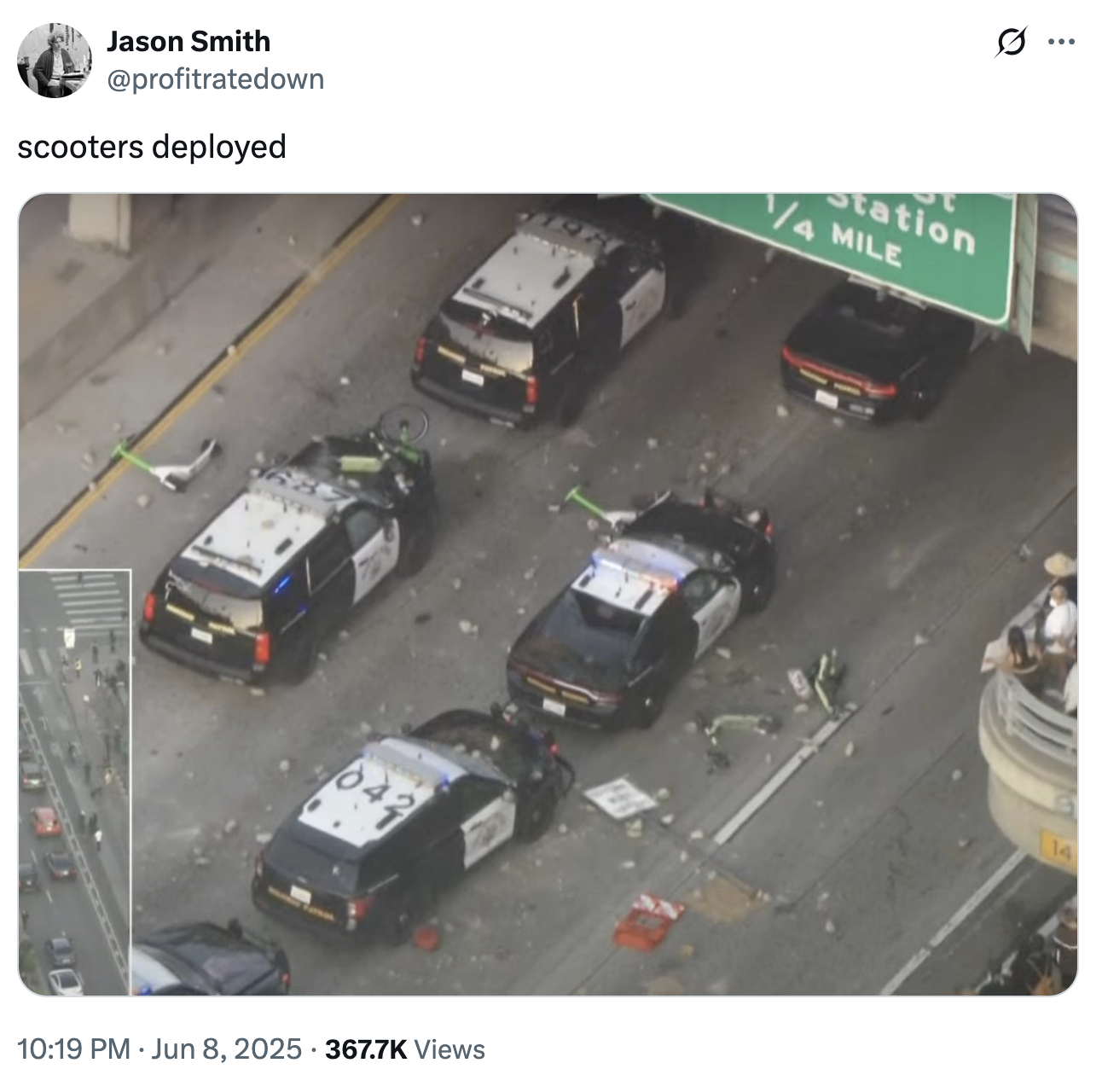 0 ... Jason Smith @profitratedown scooters deployed Station /4 MILE 042 10:19 PM Jun 8, 2025 367.7K Views 14