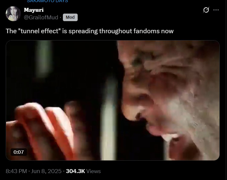 Mayuri @GrailofMud Mod The "tunnel effect" is spreading throughout fandoms now 0:07 8:43 PM ⚫ Jun 8, 2025 - 304.3K Views 0