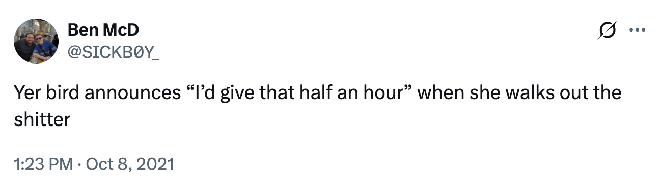 A Yer Bird joke from a "British":https://knowyourmeme.com/memes/british-people-briish "Twitter / X":https://knowyourmeme.com/memes/sites/twitter-x user, using the U.K. "slang":https://knowyourmeme.com/memes/internet-slang term.