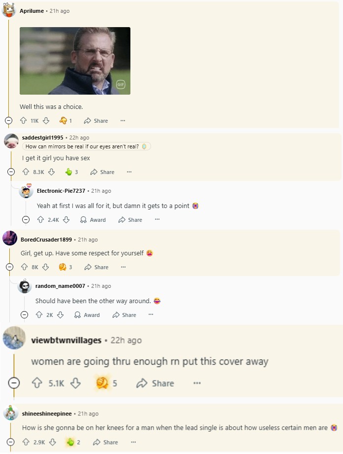 A collection of comments made to the /r/popculturechat subreddit's post about Sabrina Carpenter's album cover for "Man's Best Friend." The comments are negative.