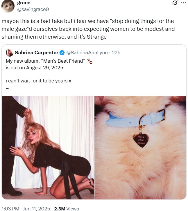 A comment defending Sabrina Carpenter's new album cover. The comment is by X user @savingrace0.