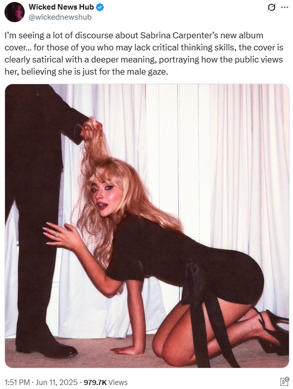 A post defending Sabrina Carpenter's new album cover. The post suggests it is satirical.