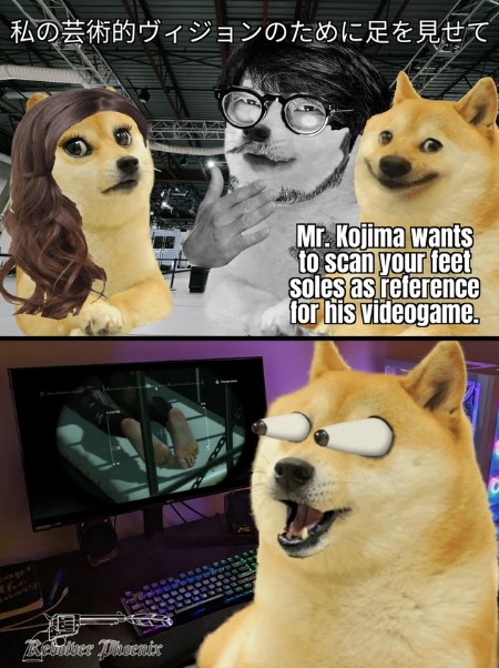 A Doge comic about Hideo Kojima. The meme jokes about him scanning people's feet for his games.
