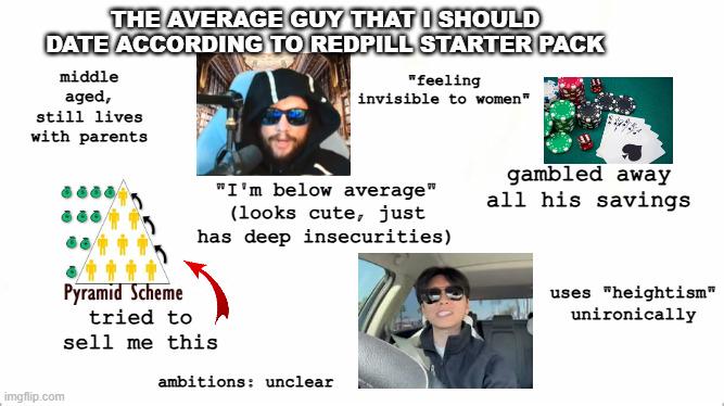 THE AVERAGE GUY THAT I SHOULD DATE ACCORDING TO REDPILL STARTER PACK middle aged, still lives with parents Pyramid Scheme tried to "feeling invisible to women" "I'm below average" (looks cute, just has deep insecurities) sell me this gambled away all his savings uses "heightism" unironically imgflip.com ambitions: unclear