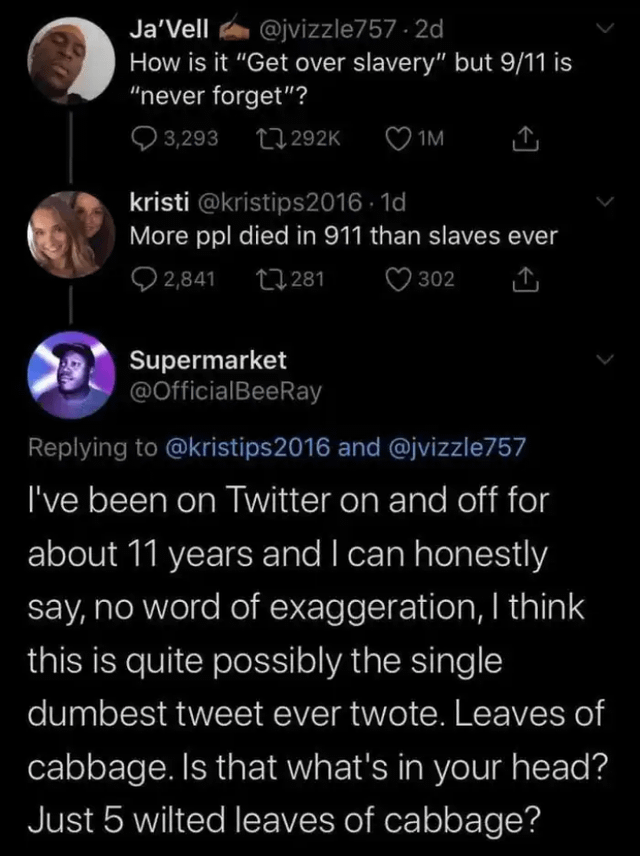 > Ja'Vell @jvizzle757-2d How is it "Get over slavery" but 9/11 is "never forget"? 3,293 292K kristi @kristips2016.1d 1M More ppl died in 911 than slaves ever 2,841 281 302 Supermarket @OfficialBeeRay Replying to @kristips 2016 and @jvizzle757 I've been on Twitter on and off for about 11 years and I can honestly say, no word of exaggeration, I think this is quite possibly the single dumbest tweet ever twote. Leaves of cabbage. Is that what's in your head? Just 5 wilted leaves of cabbage?