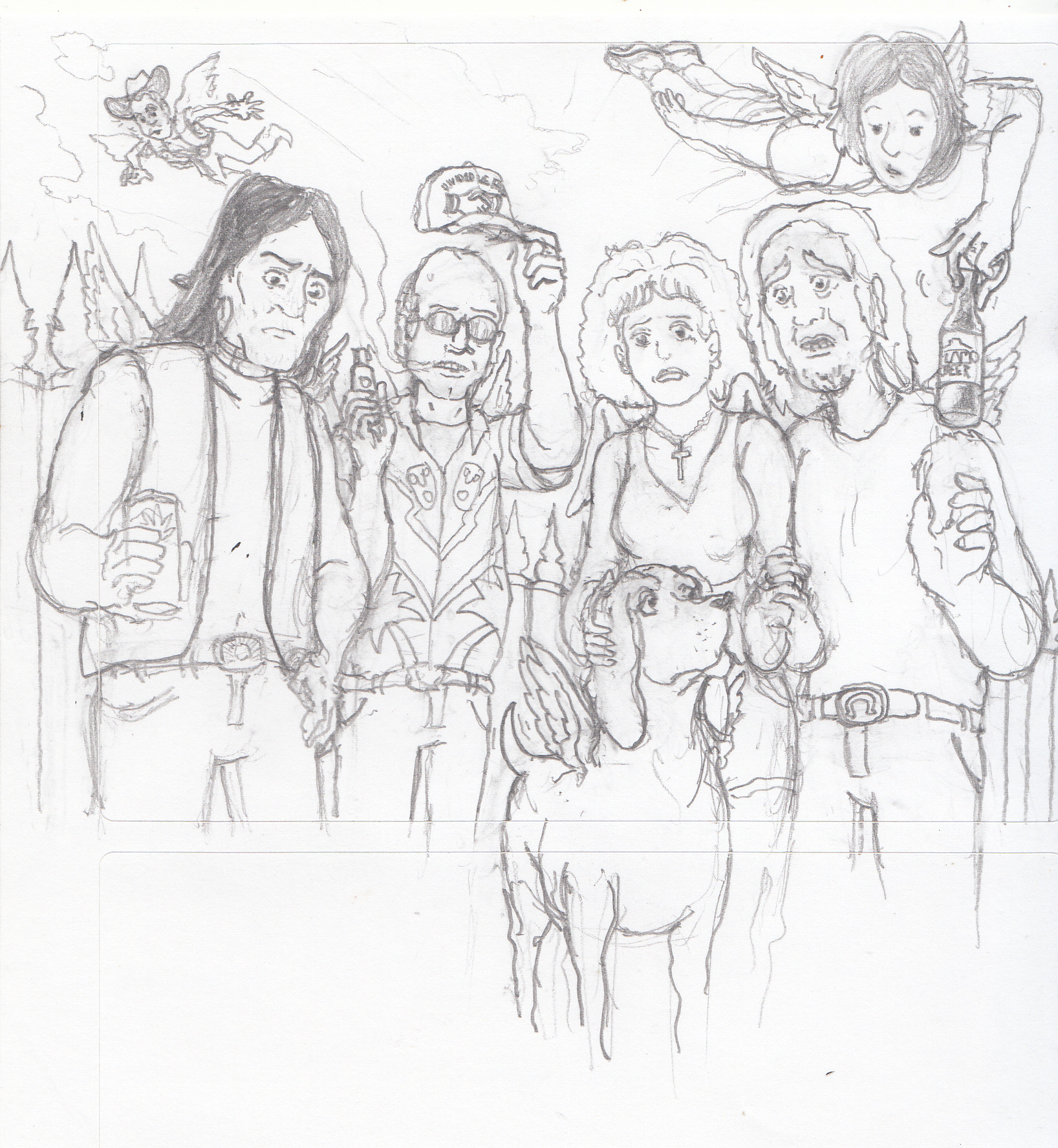 IN ORDER AND MEMORIAM

JOHN REDCORN
Jonathan Joss
12/22/1965 - 6/1/2025

also:
Victor Aaron Ramirez
9/11/1956 - 9/4/1996
 

DALE GRIBBLE
John Michael Hardwick
12/31/1958 - c. 8/8/2023
 

LUANNE PLATTER-KLEINSCHMIDT
Brittany Anne Murphy-Monjack
11/10/1977 - 12/20/2009
 

ELROY "LUCKY" KLEINSCHMIDT
Thomas Earl Petty
10/20/1950 - 10/2/2017

 
WHY IS THIS HERE?
Someone asked the world for it, specifically an IvvyDivvy on the forums, and given that I liked this show when I watched it many years ago, I saw fit to make something in response. So, because I am a lurking drifter who cannot and will not learn to embed images into forum threads, here it is with its own entry.
 
YOU DREW THIS?
Yes. Hand-drawn, mechanical pencil. This is not AI slop. 
 
WHY IS IT UNFINISHED?
Got other things to do. Anyone who wants to can take it from here as they wish.
 
WHY THE WINGS?
Canonically to King of the Hill, angels have tiny wings. Exhibit: Buckley. I will not debate this, as I have not watched this show in over ten years.
--
WHY THE FENCE?
They're in an alley like the one in Arlen. It's like that big picket fence, but it's in heaven, so it's supposed to be ornate as per the gilded, gated American vision of heaven.
 
WHO ARE THOSE OTHERS?
Bug Gribble is Dale's father, who is here in case he happened to pass in the interim (David Herman is alive BTW) and is surprised either to see his son in heaven or the very cool friend he has with him.

Mark Buckley is still an angel, that don't mean he ain't still a bum.

Lady Bird was already the oldest and wisest of all the dogs back in the mid-2000s, I would be concerned if she somehow came back for the revival after nigh-20 years.
 
WHY THEY SAD??
They're watching over their loved ones...in Texas. Why wouldn't they worry? Luanne and Elroy have a daughter down there, John Redcorn only sees the country trading out love for hate and its government once again erasing his people's legacy, and all of Dale's wildest fantasies came true in ways he wasn't expecting.

Watching over or out for others isn't meant to be easy, or else you're not paying attention.

Safe travels, and may the revival do right by those who waited on it.
 