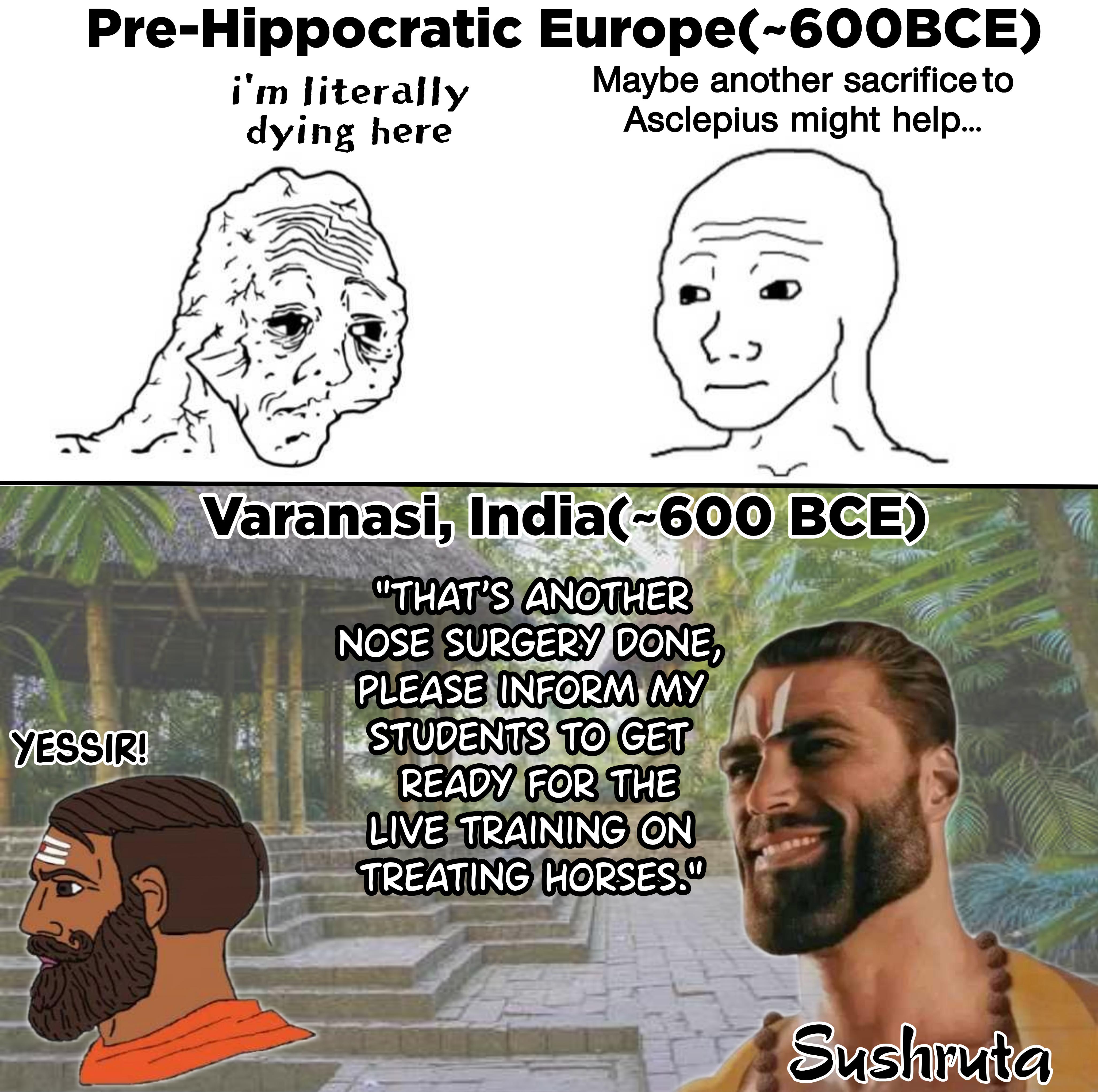 Pre-Hippocratic Europe(~600BCE) YESSIR! i'm literally dying here Maybe another sacrifice to Asclepius might help... Varanasi, India(-600 BCE) "THAT'S ANOTHER NOSE SURGERY DONE, PLEASE INFORM MY STUDENTS TO GET READY FOR THE LIVE TRAINING ON TREATING HORSES. Sushruta