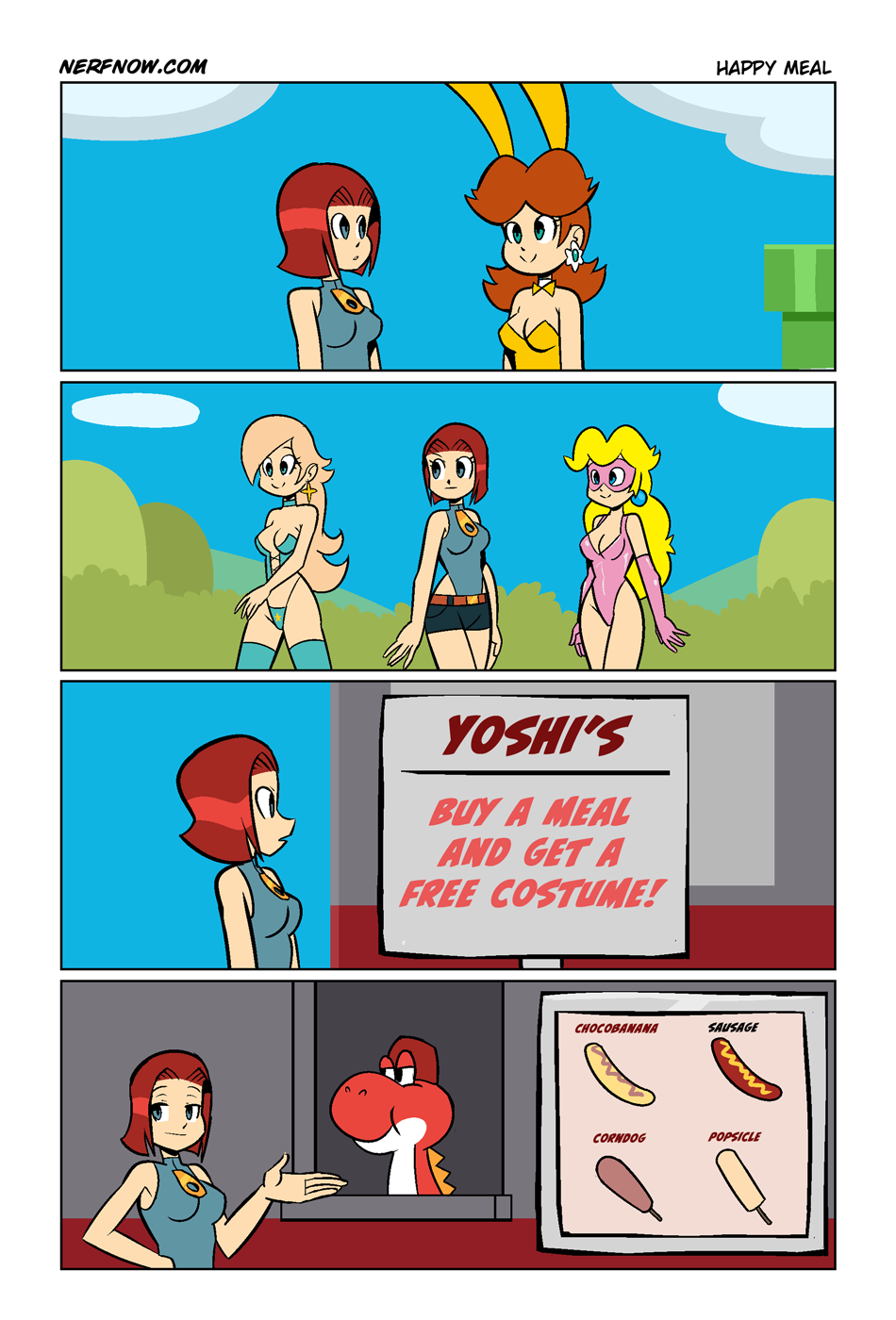 NERFNOW.COM HAPPY MEAL YOSHI'S BUY A MEAL AND GET A FREE COSTUME! CHOCOBANANA SAUSAGE CORNDOG POPSICLE
