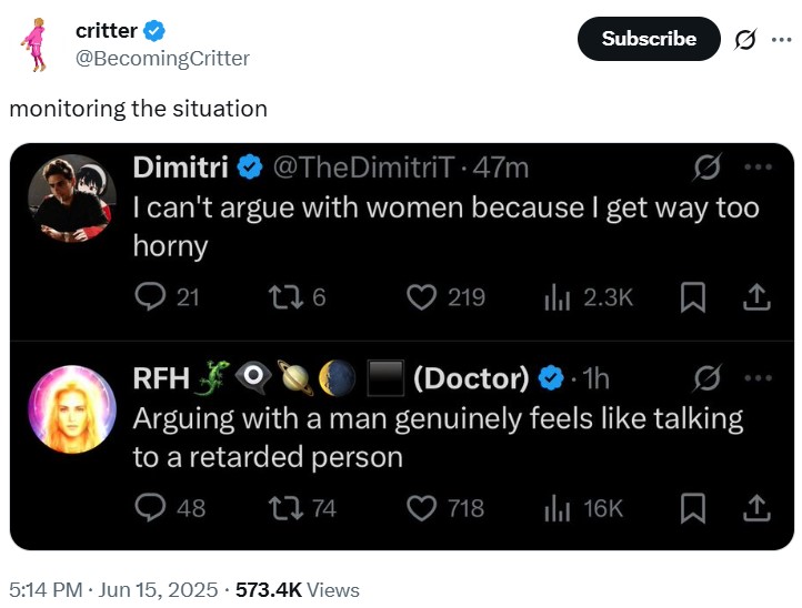 critter @BecomingCritter monitoring the situation Dimitri @TheDimitriT 47m Subscribe 0 ... I can't argue with women because I get way too horny 21 276 219 ılı 2.3K RFH (Doctor) 1h Arguing with a man genuinely feels like talking to a retarded person 48 17 74 5:14 PM ⚫ Jun 15, 2025 573.4K Views 718 ili 16K