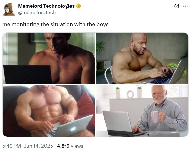 Memelord Technologies @memelordtech monitoring the situation with the boys . 5:46 PM ⚫ Jun 14, 2025 4,819 Views ...