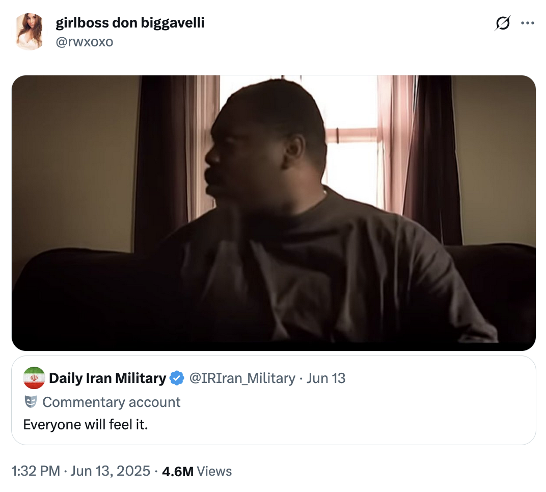 X user @rwxoxo tweeted a meme reacting to a tweet by an unofficial Twitter / X account that read, "Everyone will feel it." Several internet users took the tweet to be an official statement from the Iranian military, and posted memes distancing themselves from the situation. 