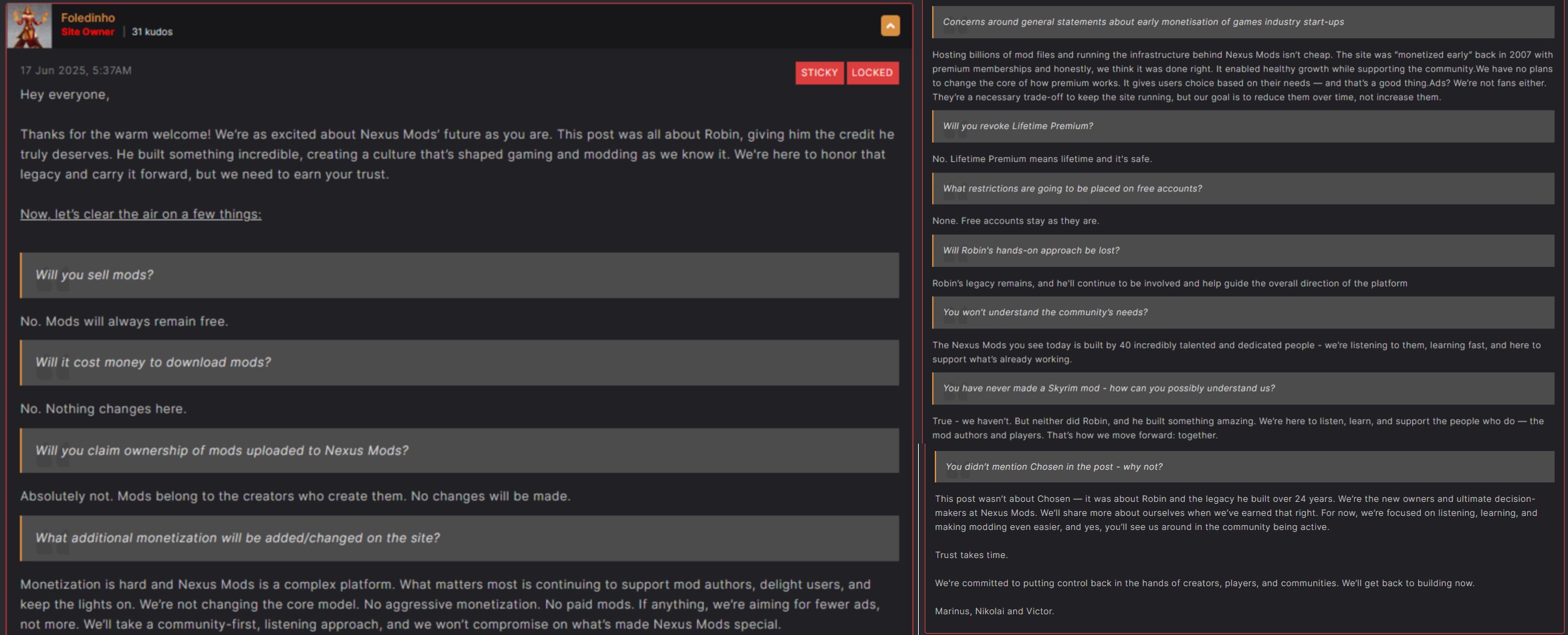 A post by Nexus Mods' new owner. Claims they won't start selling mods.