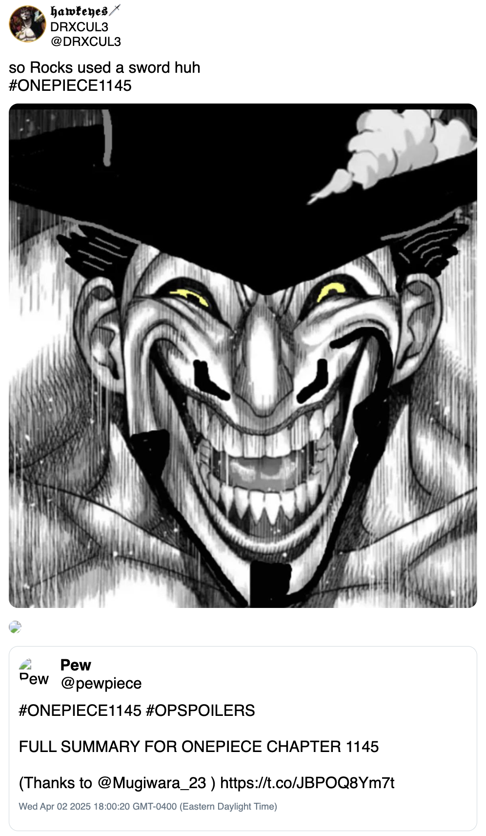 A "quote-tweet":https://knowyourmeme.com/memes/quote-retweets-qrts using the Mihawk Upscale "meme":https://knowyourmeme.com/memes/memes to joke about the character Rocks using a sword.