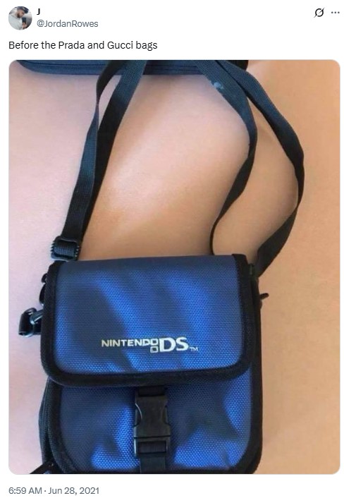 A tweet sharing a photo of a Nintendo DS bag. The post reads, "Before the Prada and Gucci bags."