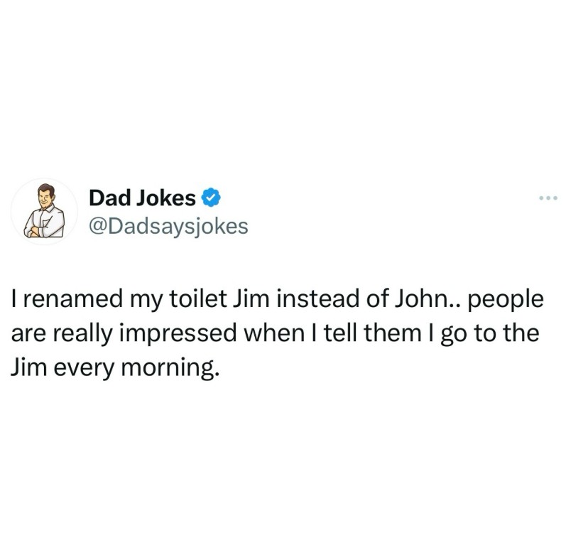 Dad Jokes @Dadsaysjokes I renamed my toilet Jim instead of John.. people are really impressed when I tell them I go to the Jim every morning.