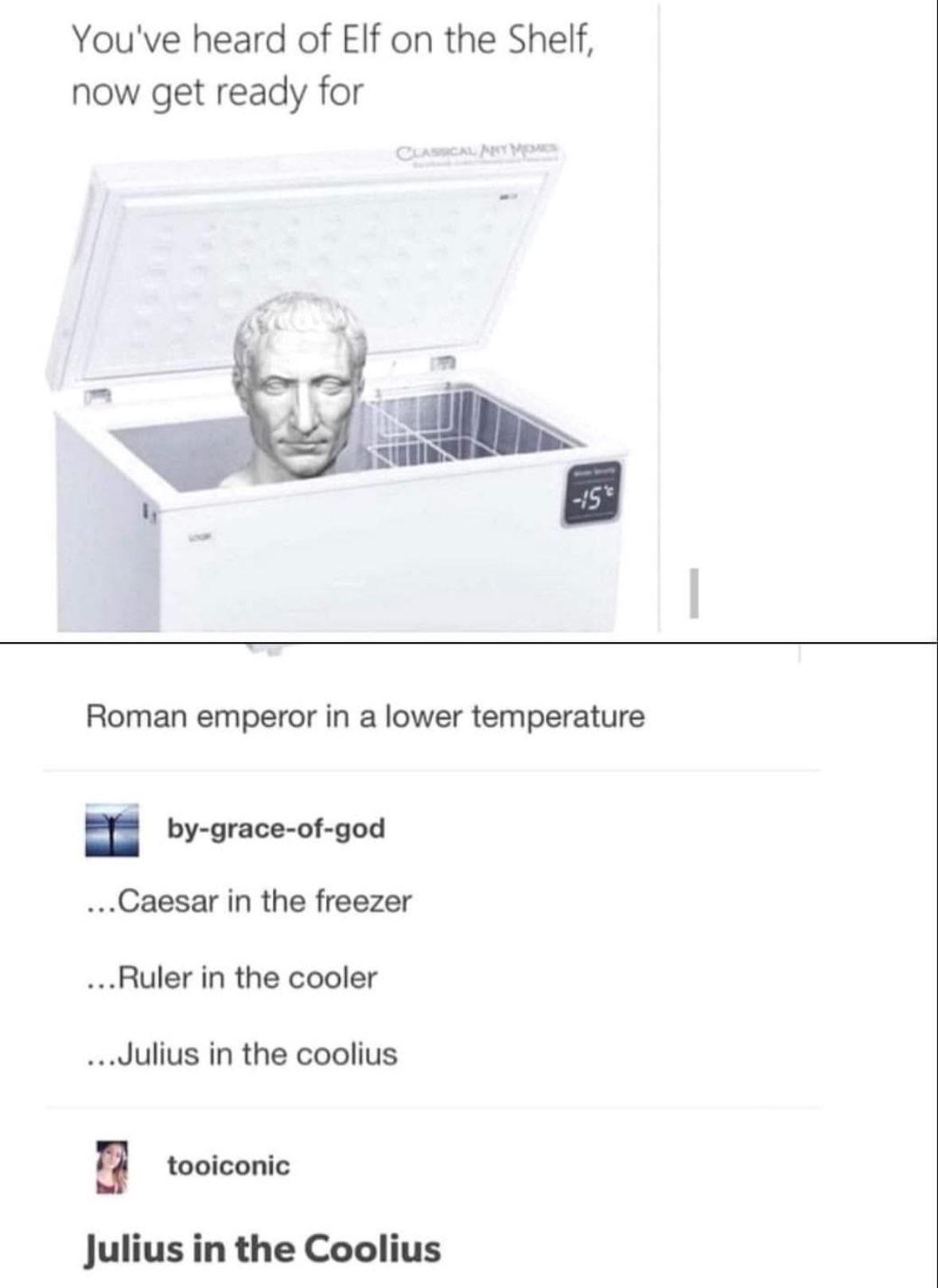 You've heard of Elf on the Shelf, now get ready for CLASSICAL ANY MOM -15% Roman emperor in a lower temperature by-grace-of-god ...Caesar in the freezer ...Ruler in the cooler ...Julius in the coolius ☐ tooiconic Julius in the Coolius