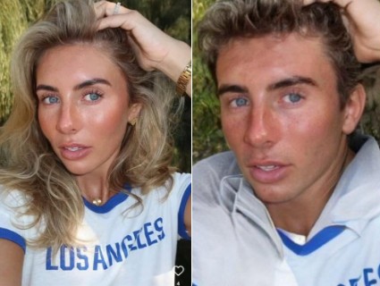 An image of Bonnie Blue and an image of Bonnie Blue put through a filter to make her look like a man. This image is evidence that the image of "Kyle Butler" aka pre-transition Bonnie Blue is fake.